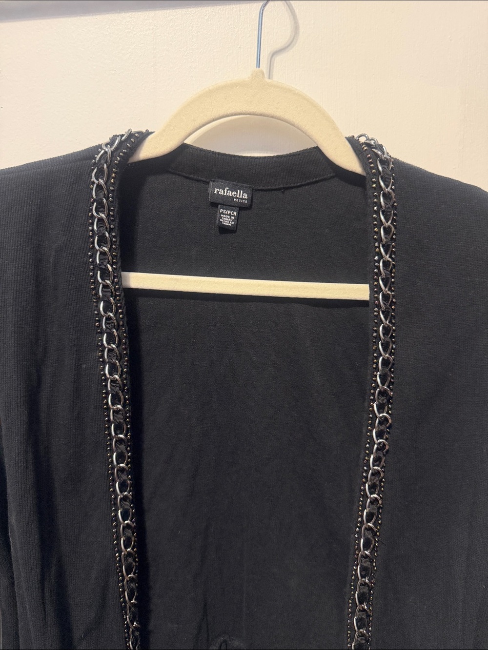 Rafaella Black Open-Front Cardigan with Chain Detail